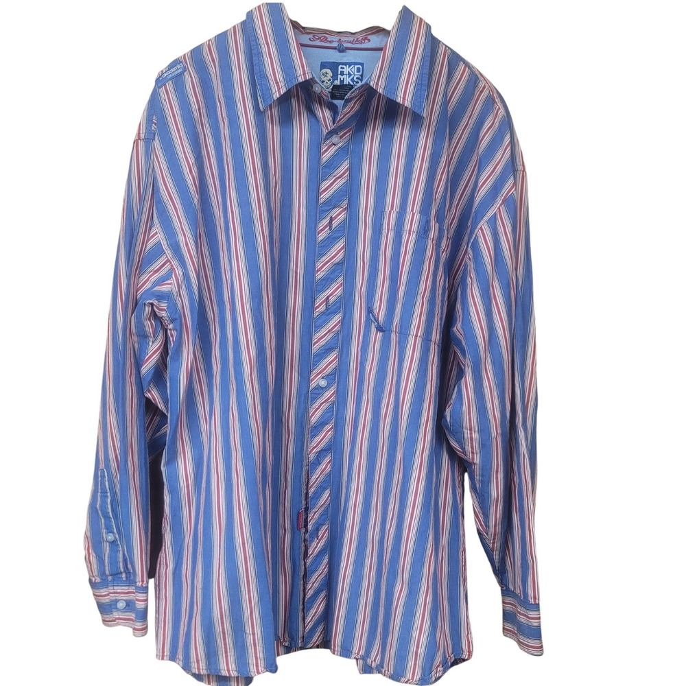 Akademiks Mens XL Striped Button Down Shirt Blue Red White Streetwear AKDMKS